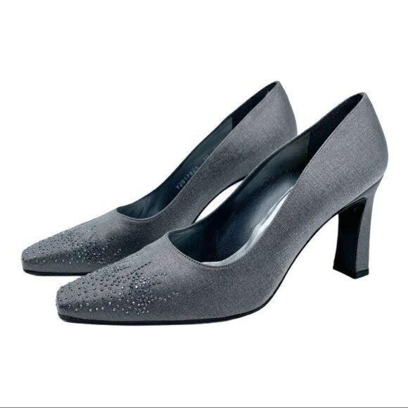 Stuart Weitzman Pewter Fabric Jeweled Evening Heel Pumps Sz 10 Square Toe - Picture 1 of 10